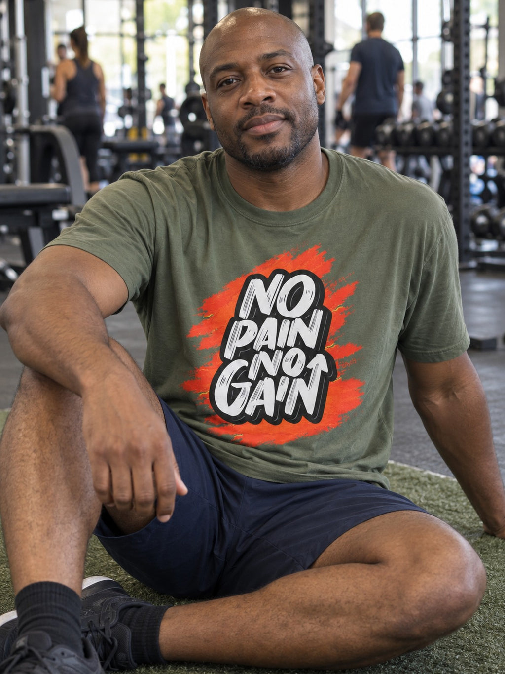 No Pain No Gain T-Shirt – Moss – front view, gym