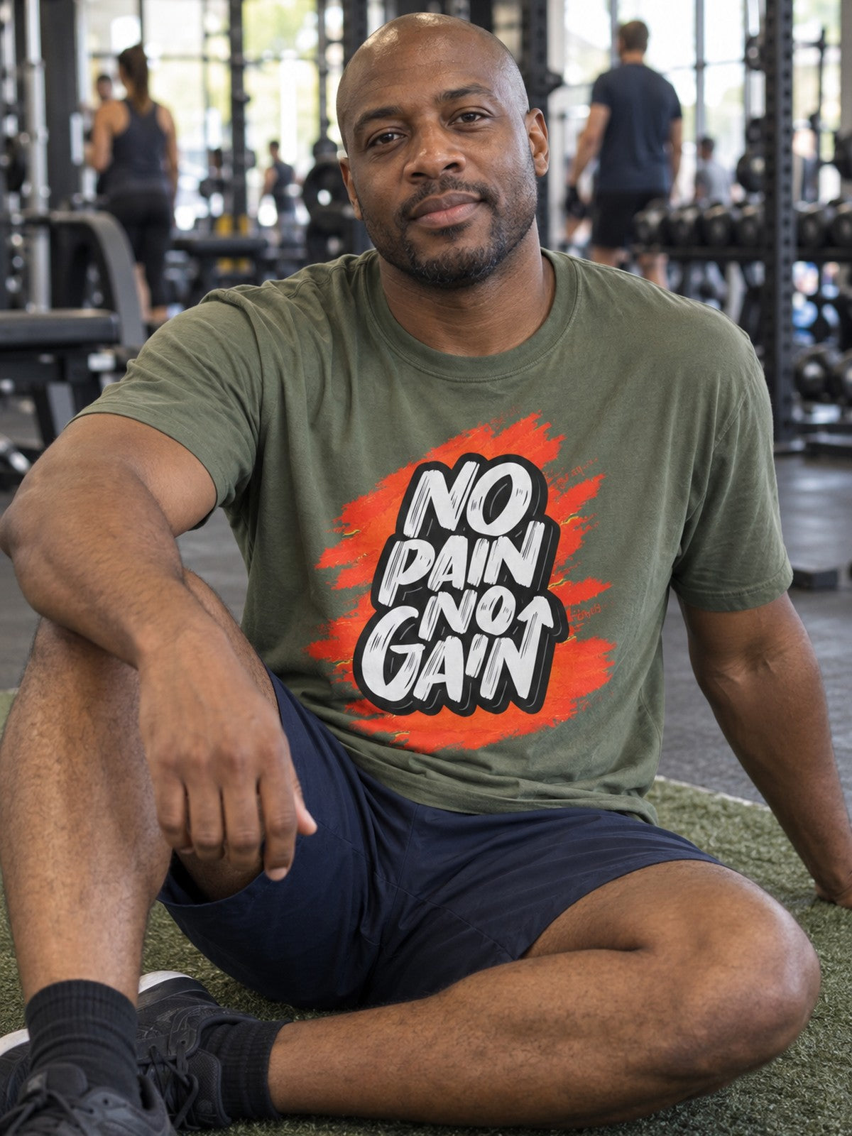 No Pain No Gain T-Shirt – Moss – front view, gym