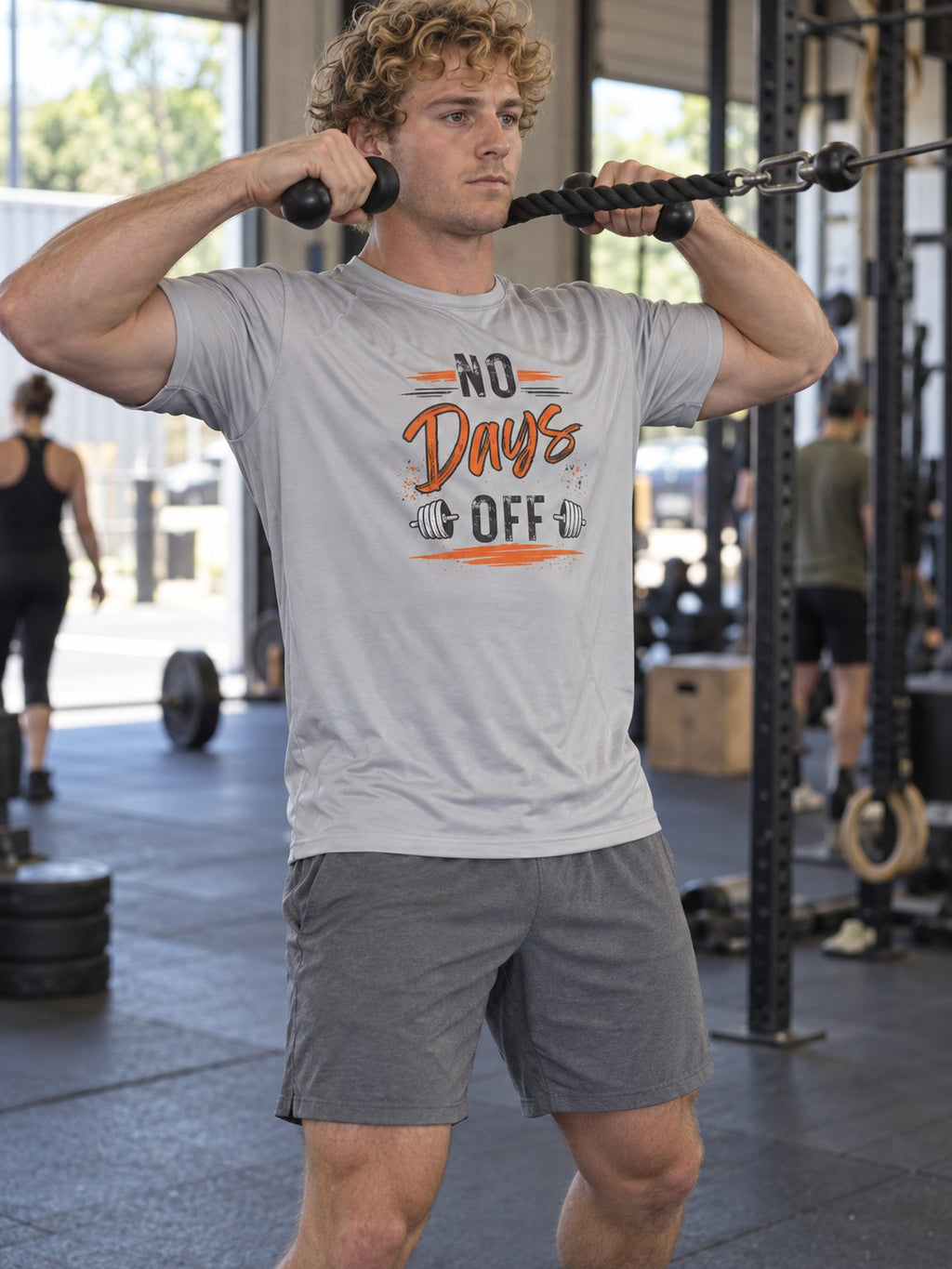 No Days Off – Silver – front view, gym