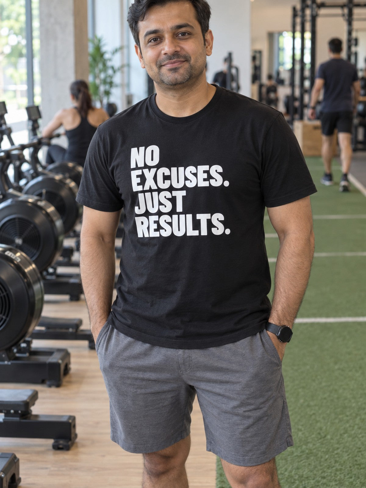 No Excuses Just Results – Black – front view, gym