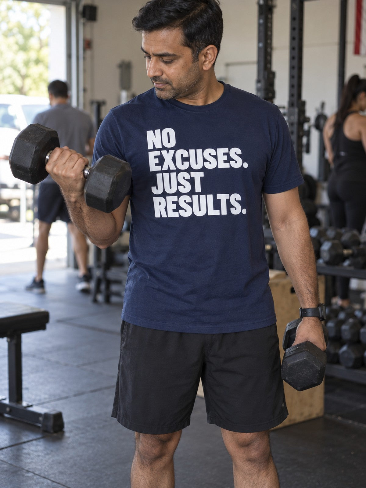 No Excuses Just Results – Navy – front view, gym