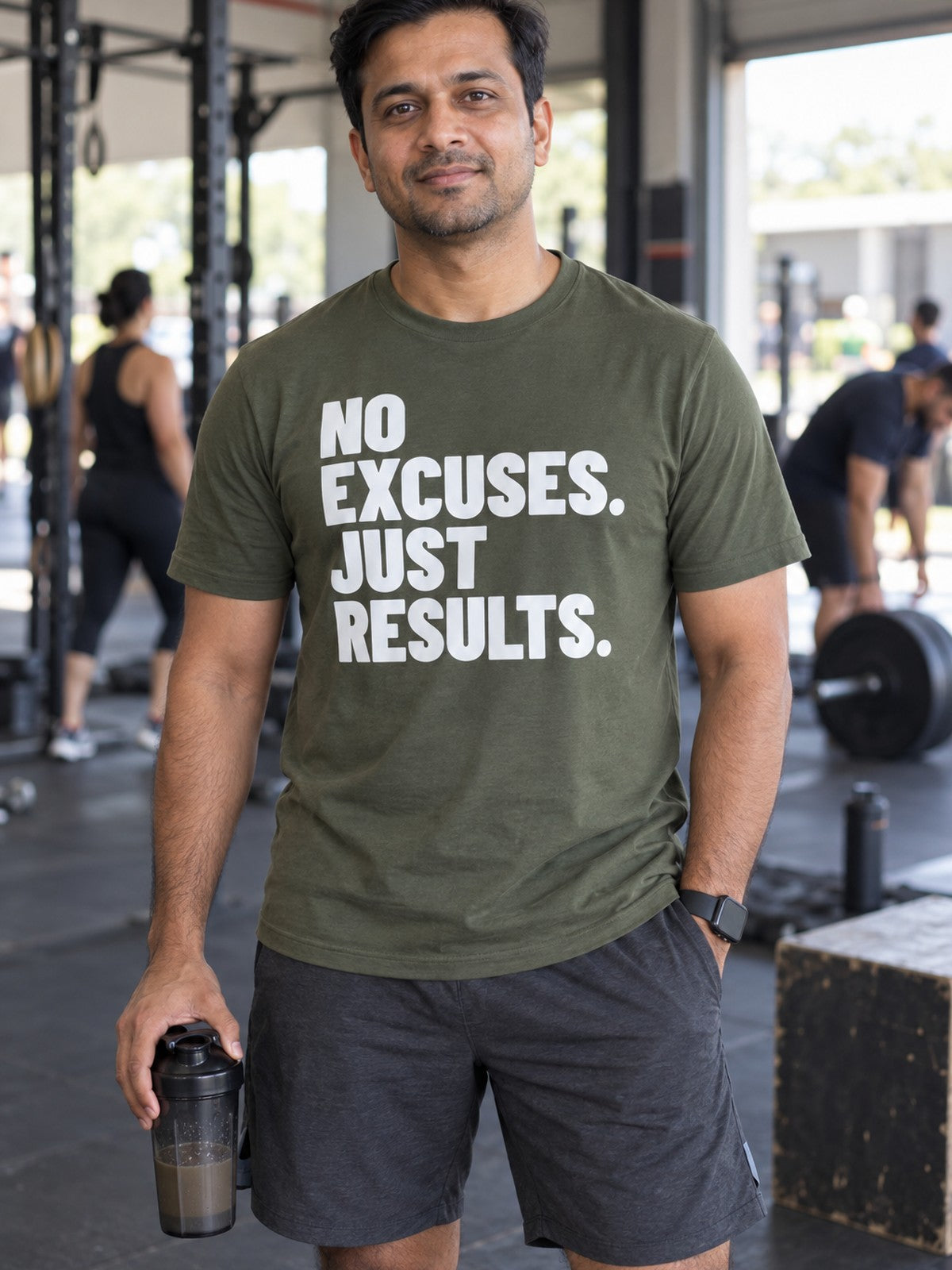 No Excuses Just Results – Military Green – front view, gym