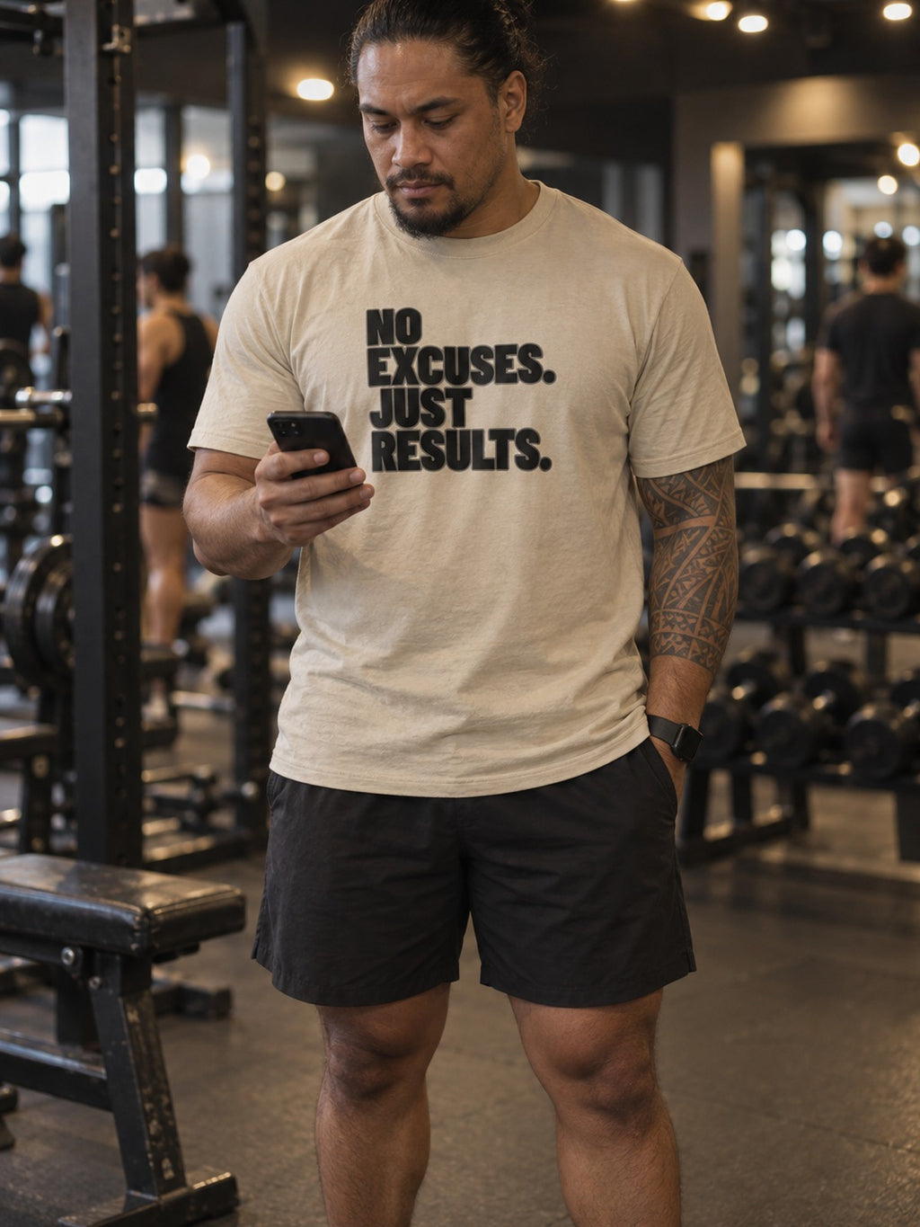 No Excuses. Just Results. – Sand – front view, gym