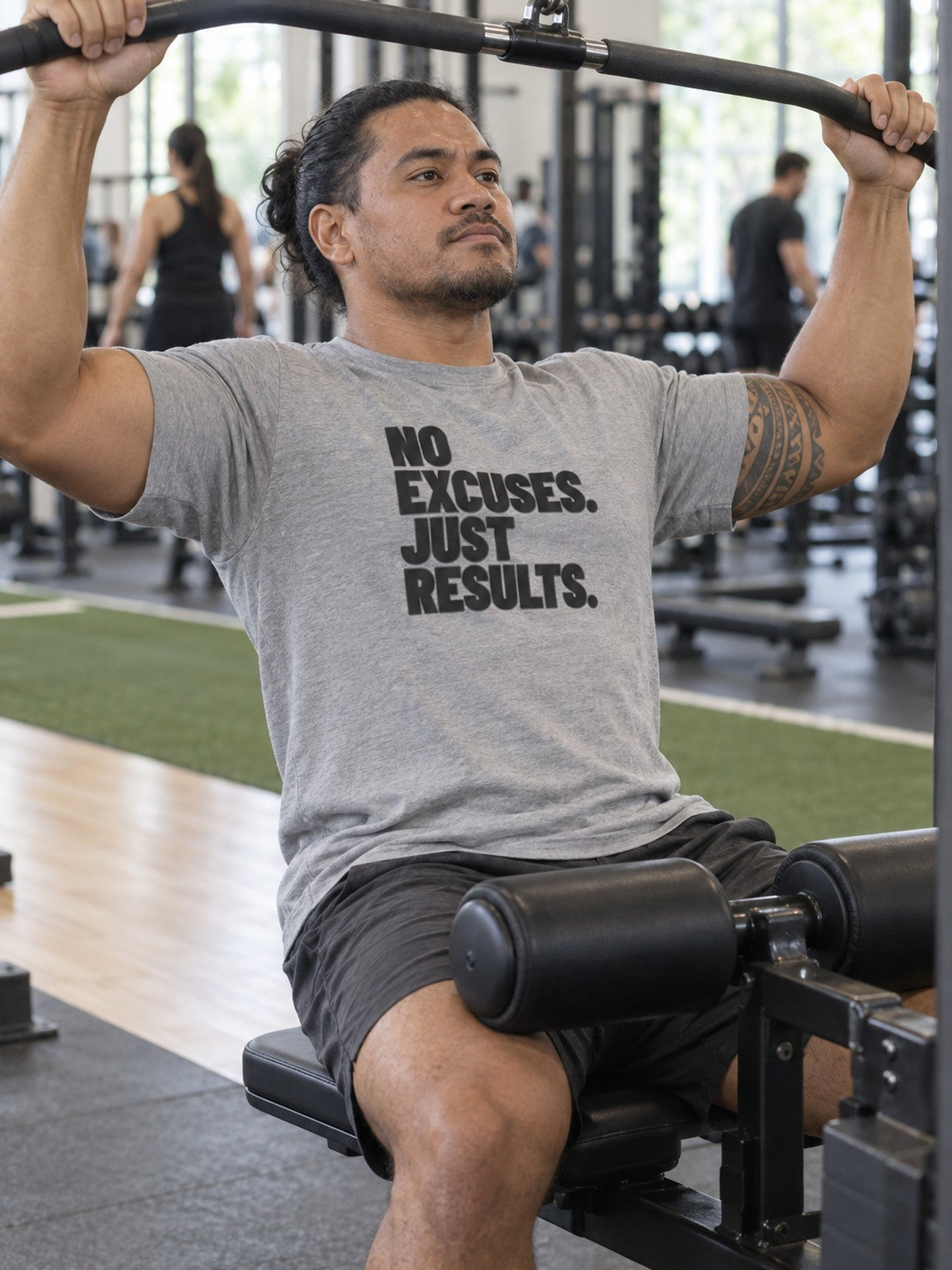 No Excuses. Just Results. – Sport Grey – front view, gym