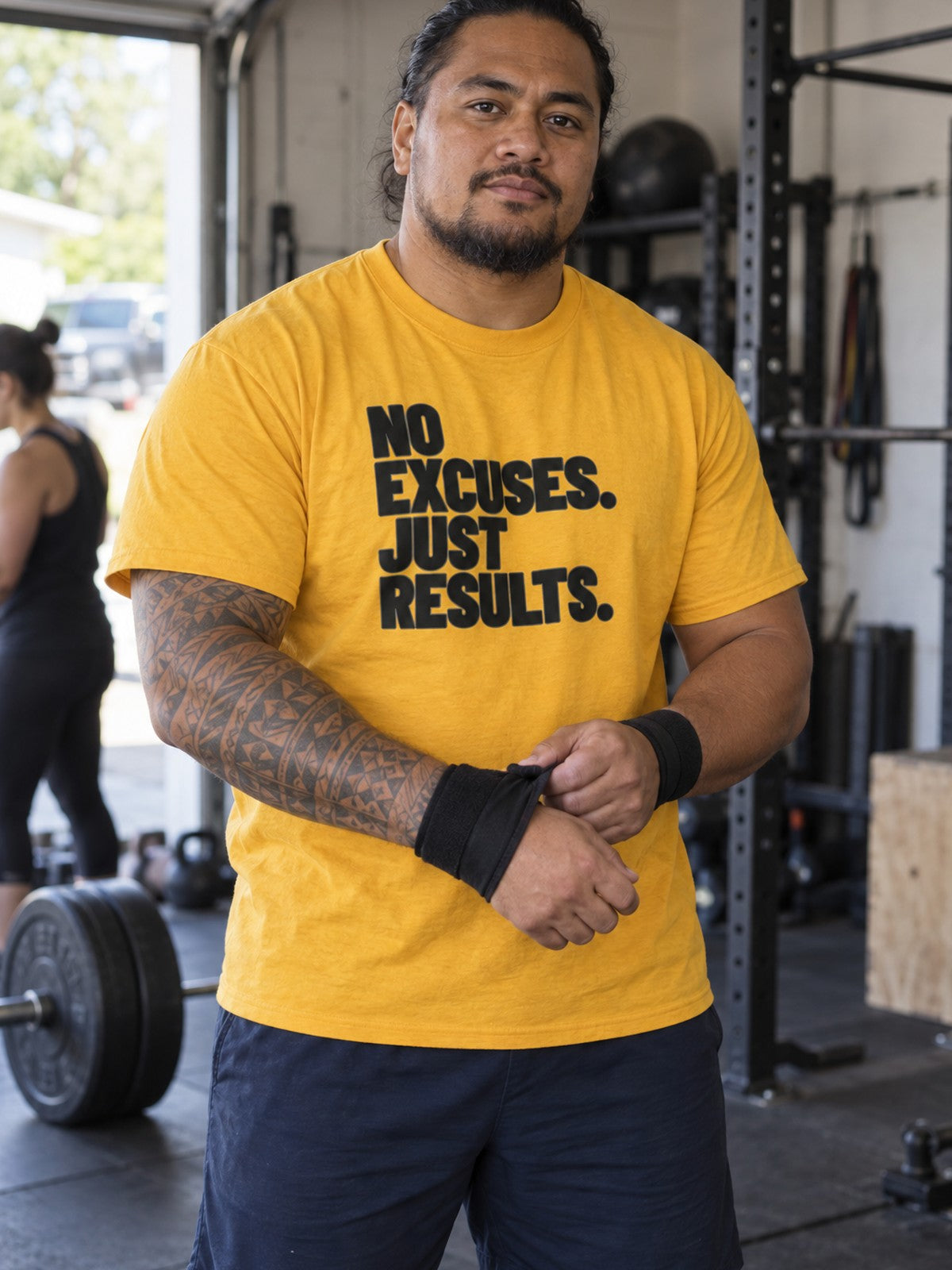 No Excuses. Just Results. – Gold – front view, gym