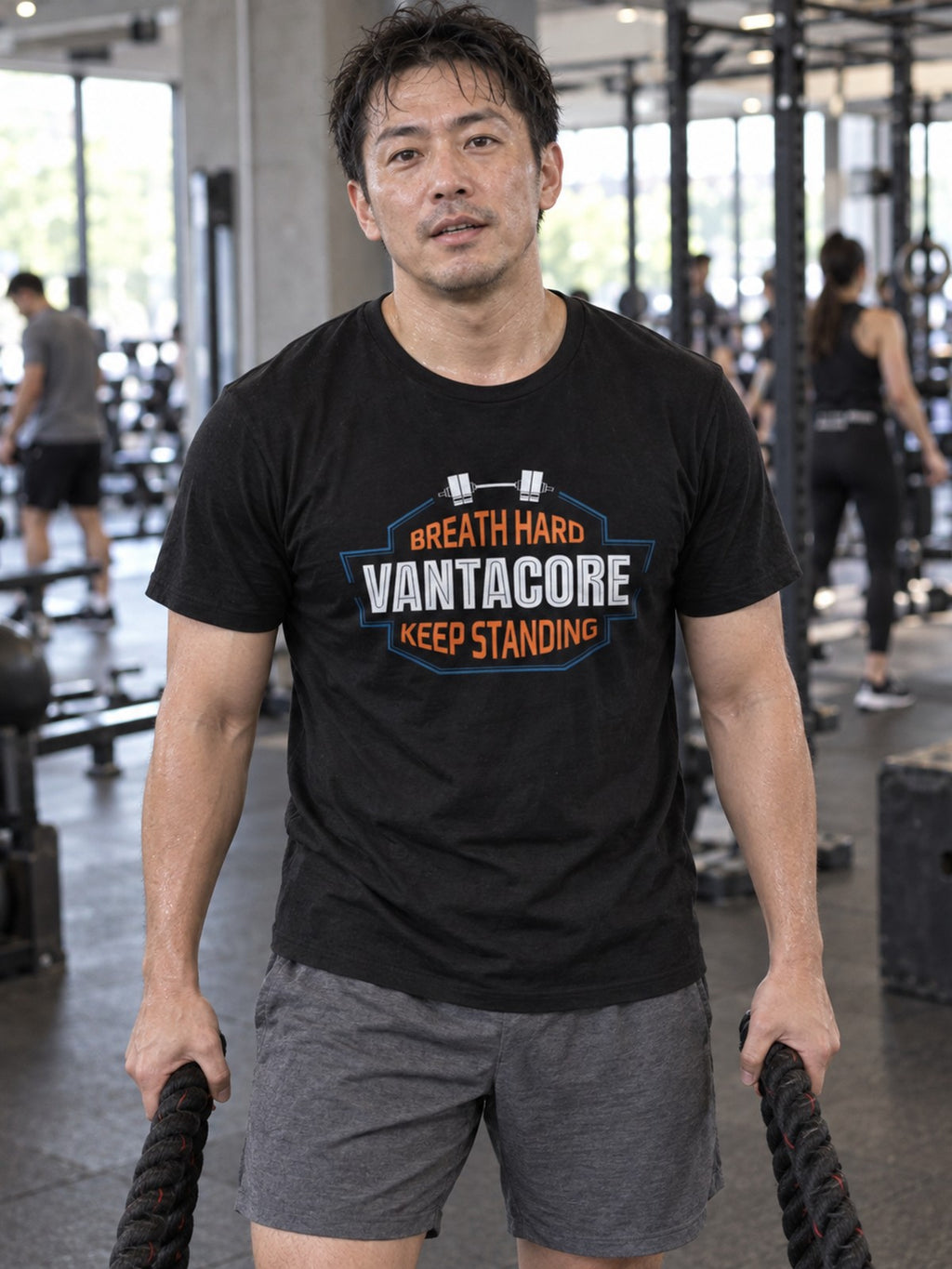 Vantacore "Breathe Hard Keep Standing" Unisex Gym T-Shirt – Black – front view, gym