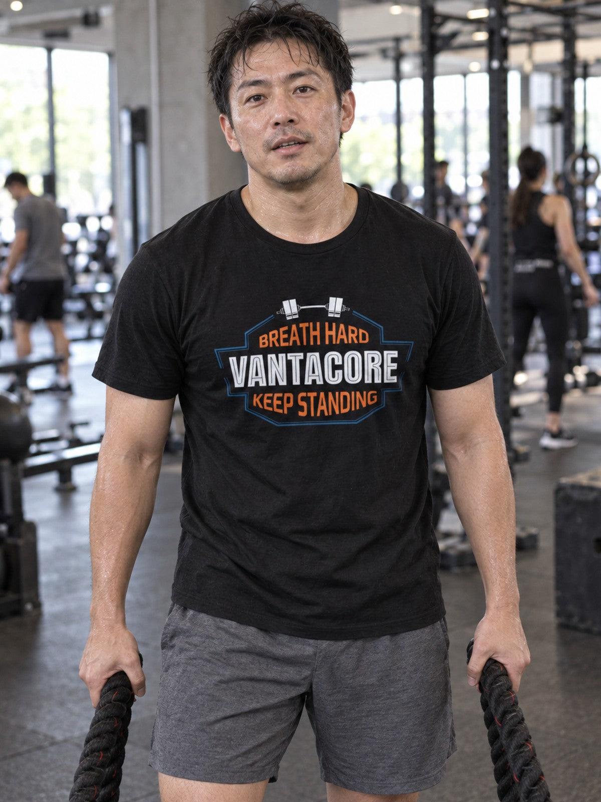 Vantacore "Breathe Hard Keep Standing" Unisex Gym T-Shirt – Black – front view, gym