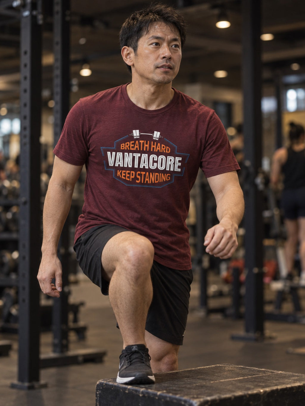 Vantacore "Breathe Hard Keep Standing" Unisex Gym T-Shirt – Maroon – front view, gym