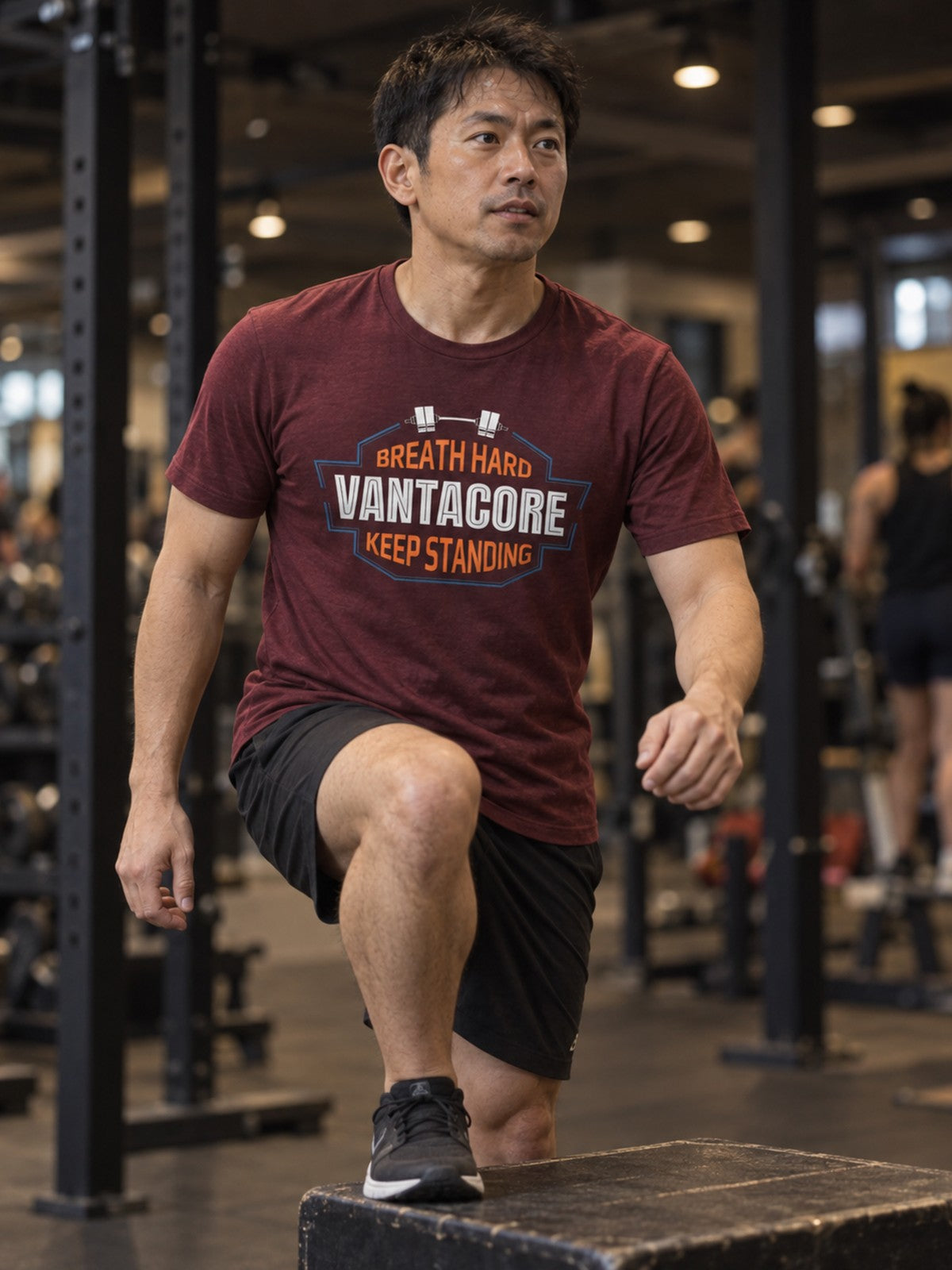 Vantacore "Breathe Hard Keep Standing" Unisex Gym T-Shirt – Maroon – front view, gym
