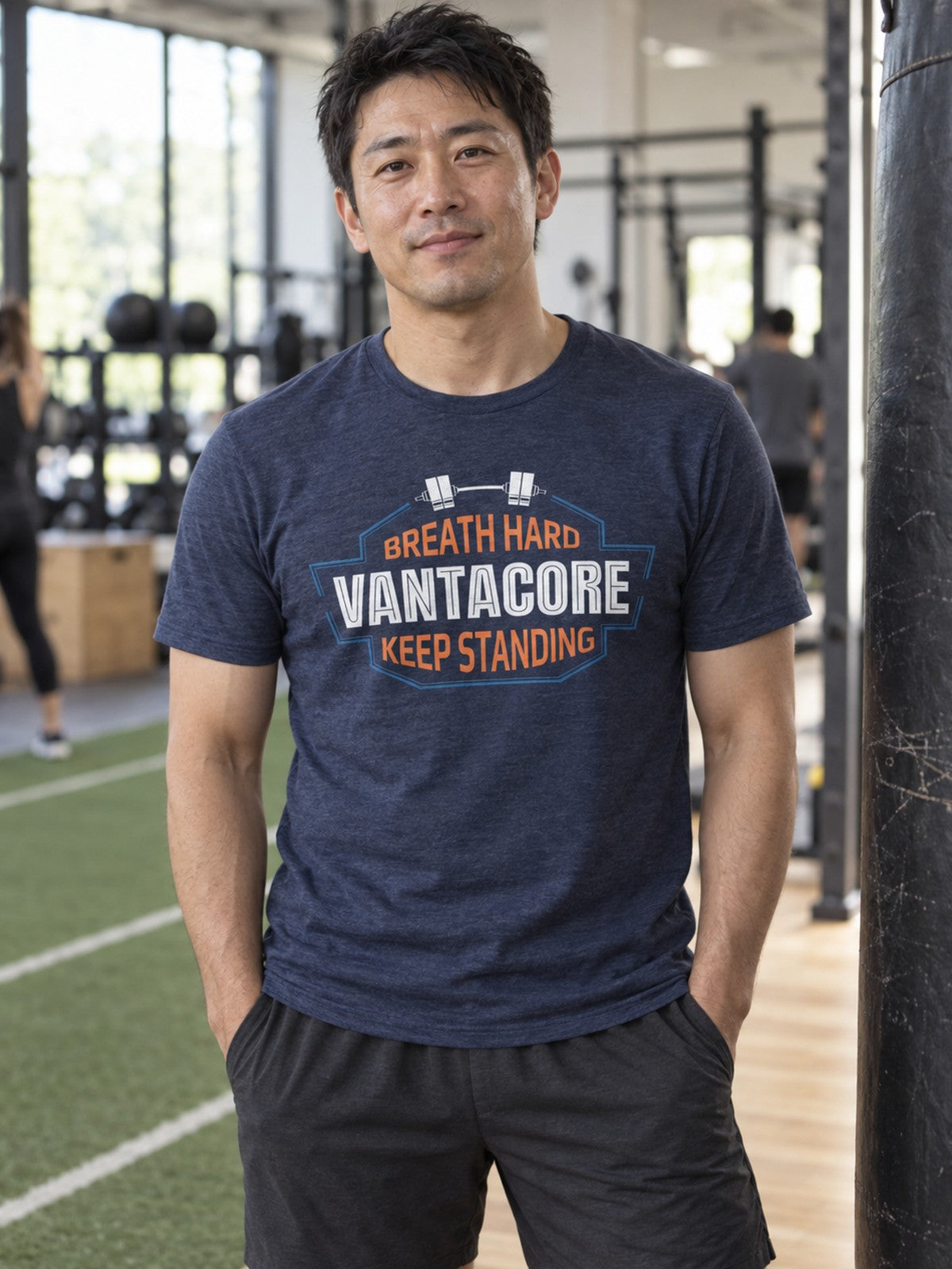 Vantacore "Breathe Hard Keep Standing" Unisex Gym T-Shirt – Heather Navy – front view, gym