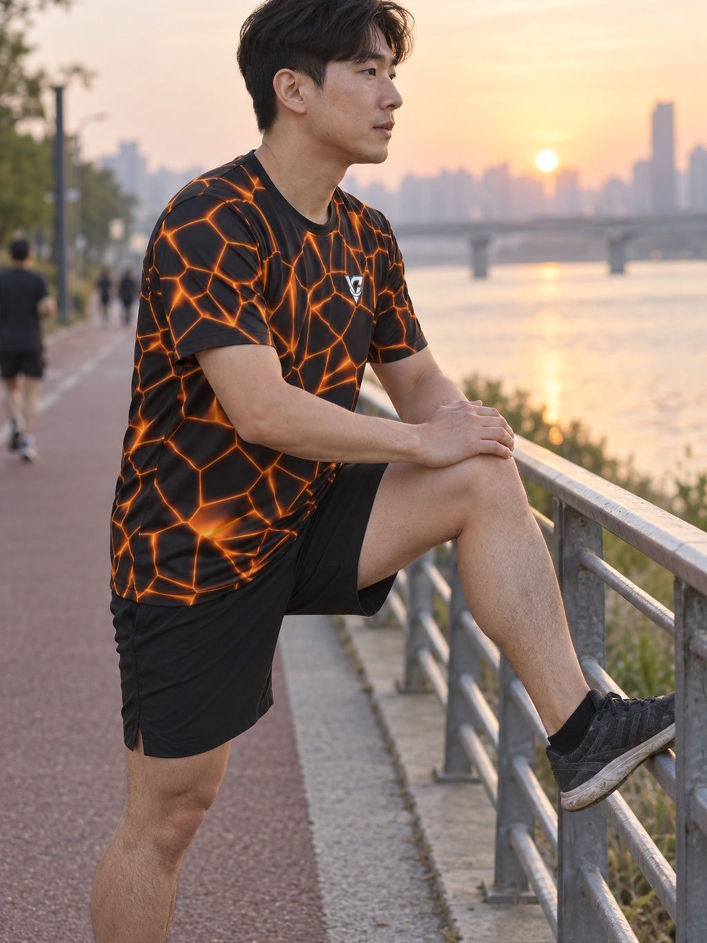 Man training in the Magma Rift men's sports jersey with the Vantacore V emblem on the left chest – side view