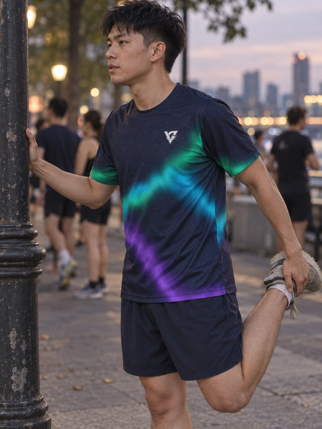 Man training in the Northern Lights men's sports jersey with the Vantacore V emblem on the left chest – side view