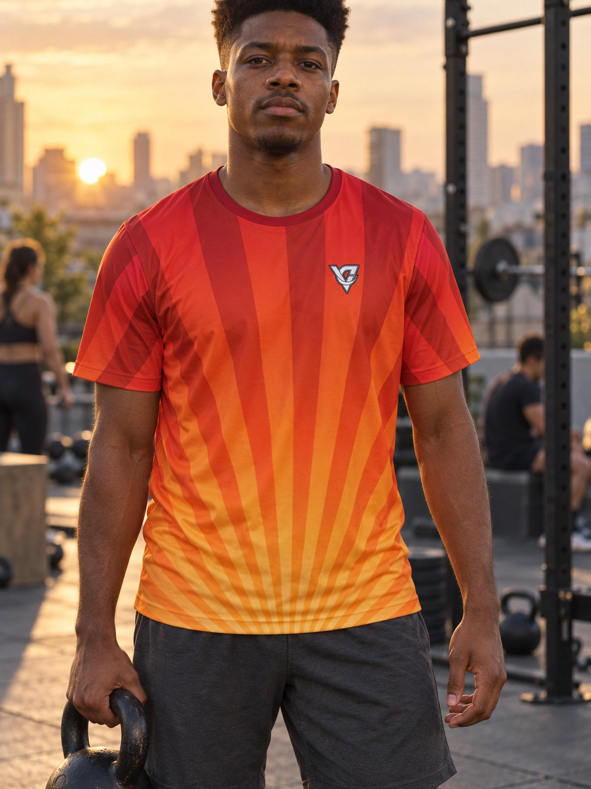 Man training in the Solar Flare men's sports jersey with the Vantacore V emblem on the left chest – front view