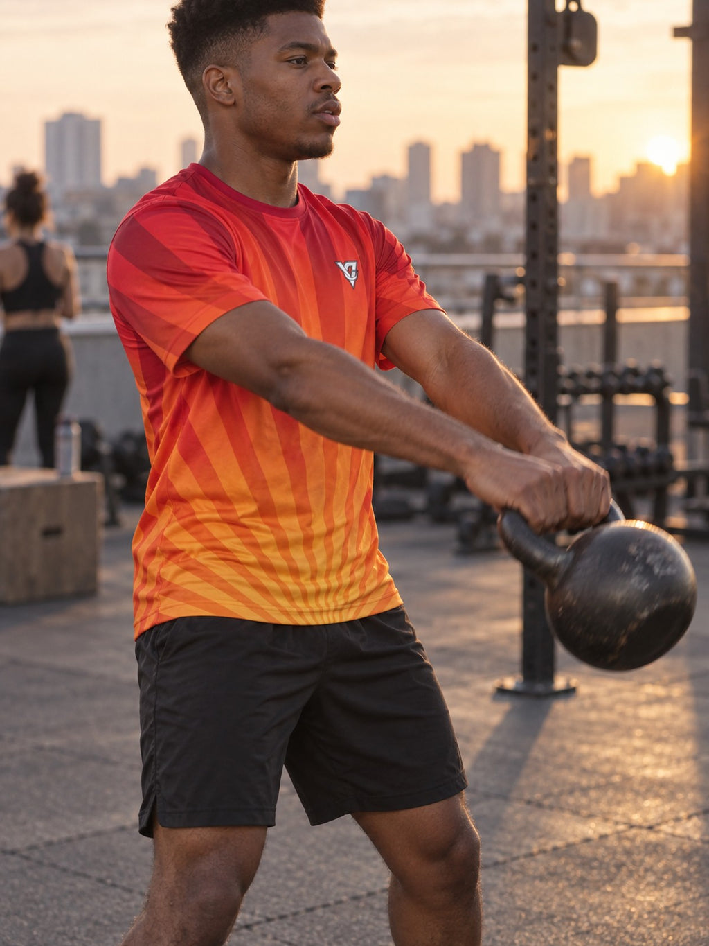 Man training in the Solar Flare men's sports jersey with the Vantacore V emblem on the left chest – side view