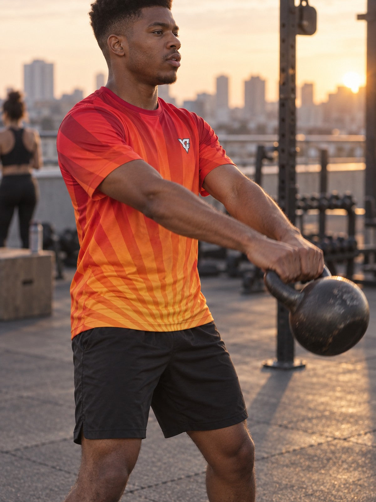 Man training in the Solar Flare men's sports jersey with the Vantacore V emblem on the left chest – side view