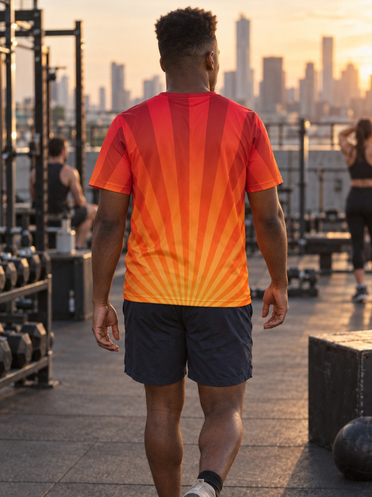Man training in the Solar Flare men's sports jersey with the Vantacore V emblem on the left chest – back view