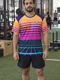 Man training in the Synthwave Grid men's sports jersey with the Vantacore V emblem on the left chest – front view