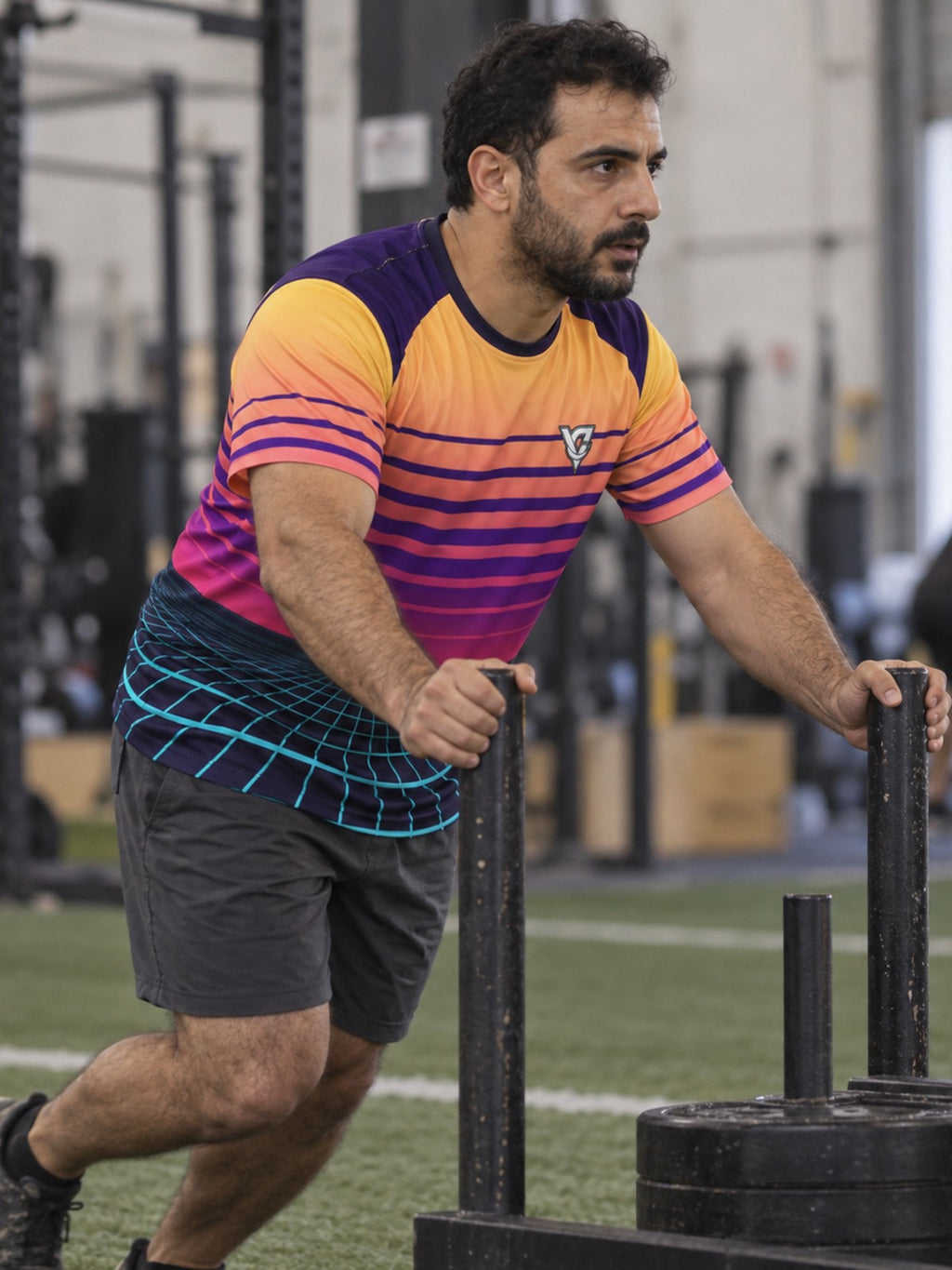 Man training in the Synthwave Grid men's sports jersey with the Vantacore V emblem on the left chest – side view