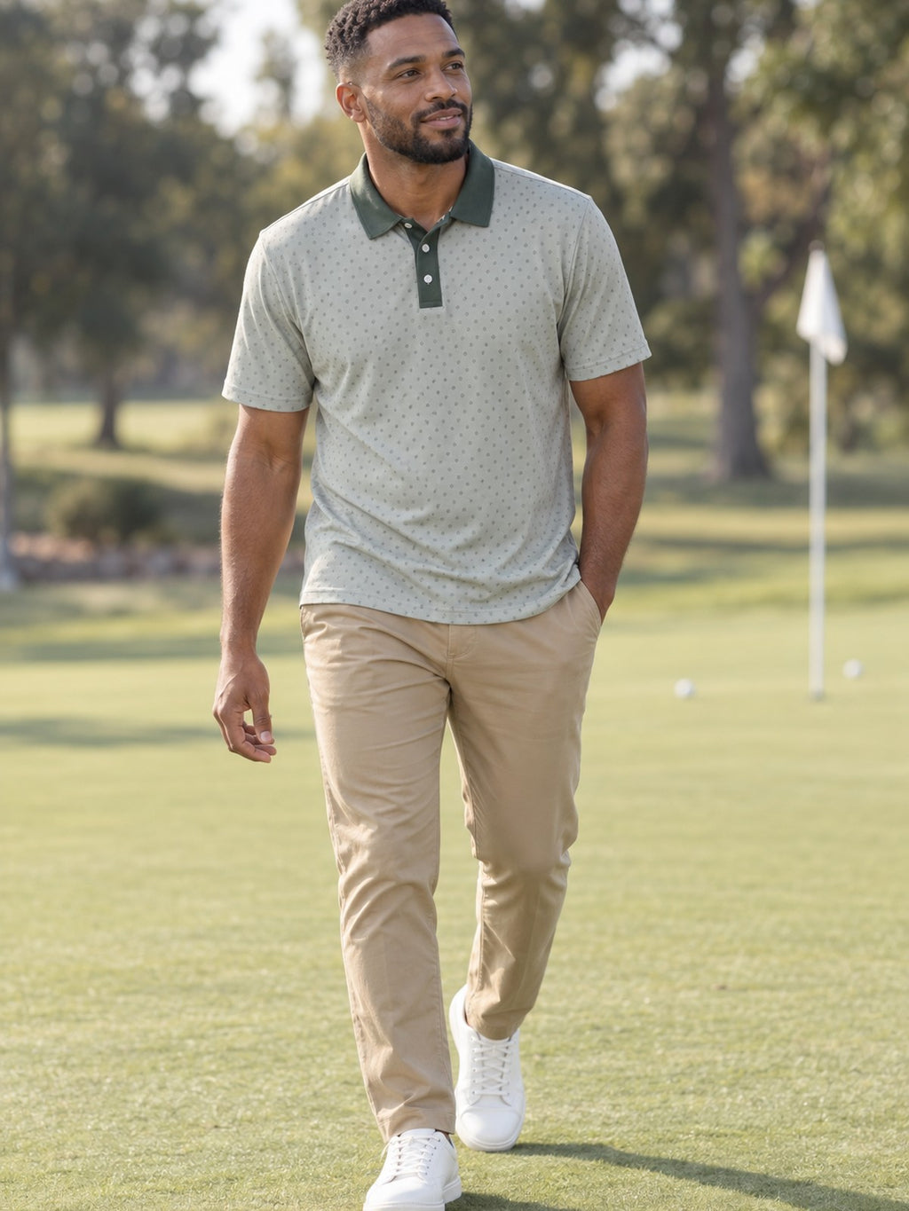 Subtle Geo Pattern Polo Shirt – lifestyle, front view