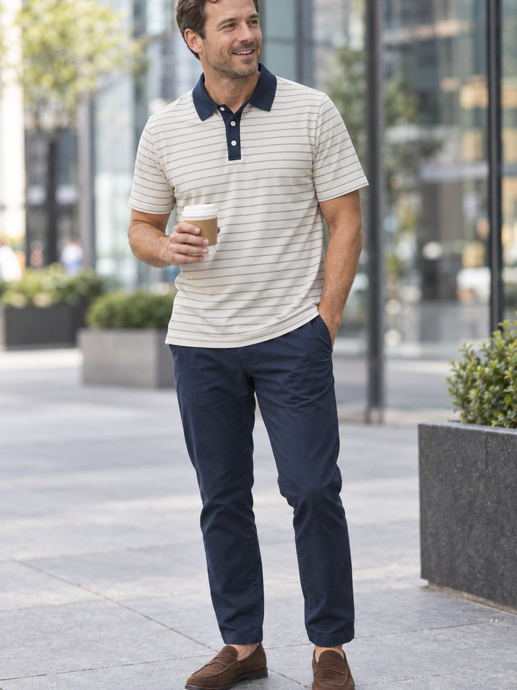 Navy-Trim Striped Polo Shirt — Classic Casual Golf & Everyday Tee – lifestyle, front view