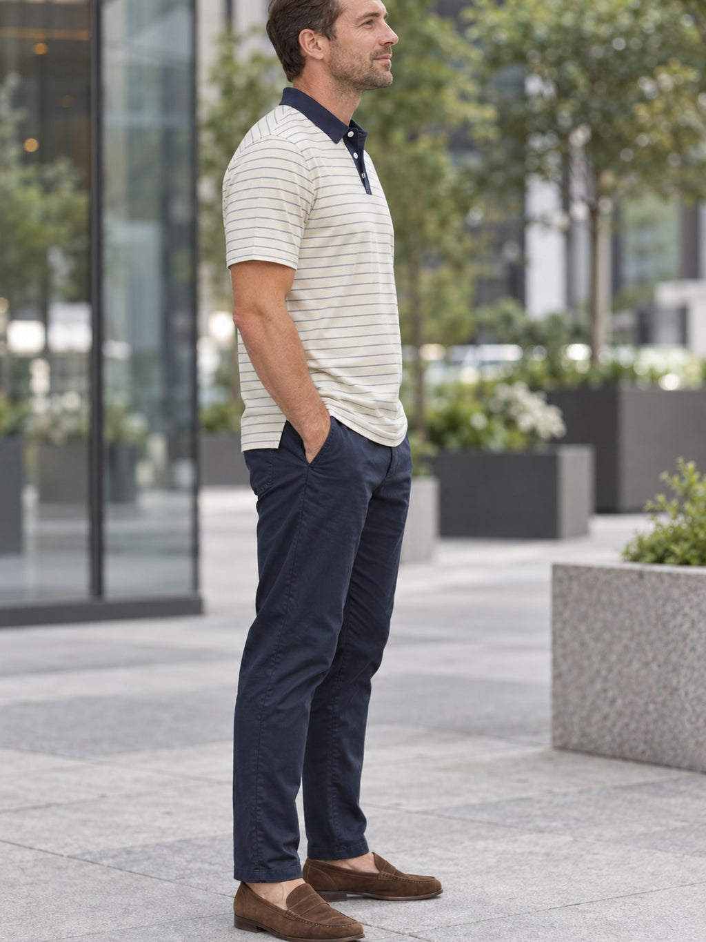 Navy-Trim Striped Polo Shirt — Classic Casual Golf & Everyday Tee – lifestyle, side view