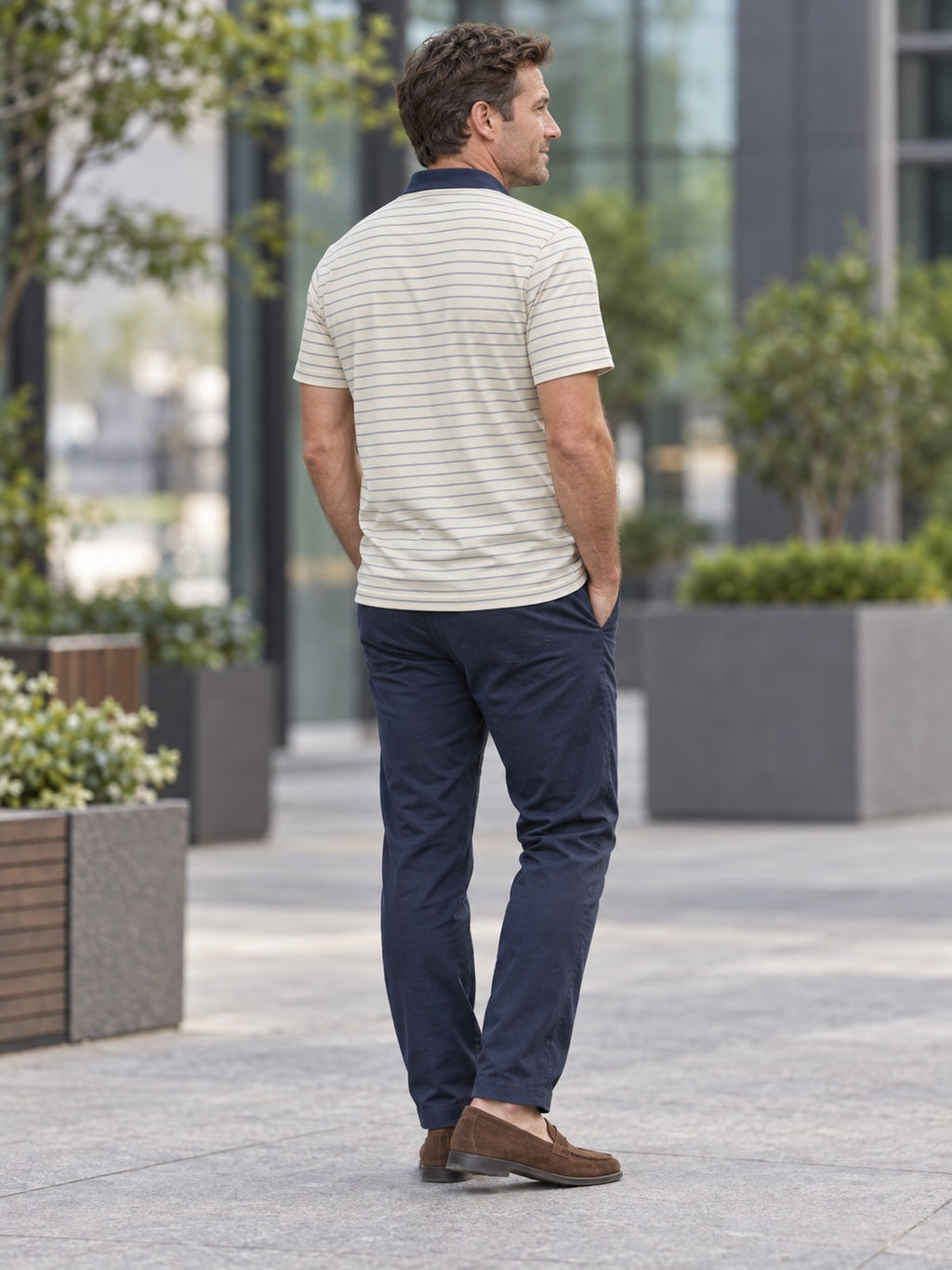 Navy-Trim Striped Polo Shirt — Classic Casual Golf & Everyday Tee – lifestyle, rear view