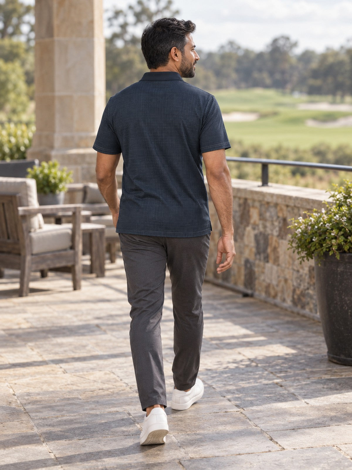Classic Men's Polo Shirt — All-Over Print Performance Golf Polo – lifestyle, rear view