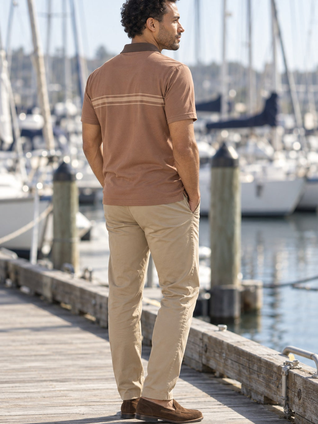 Brown Retro Stripe Polo Shirt – lifestyle, rear view