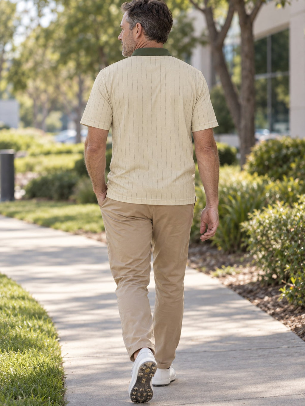 Beige Pinstripe Polo Shirt — Classic Casual Golf Polo – lifestyle, rear view