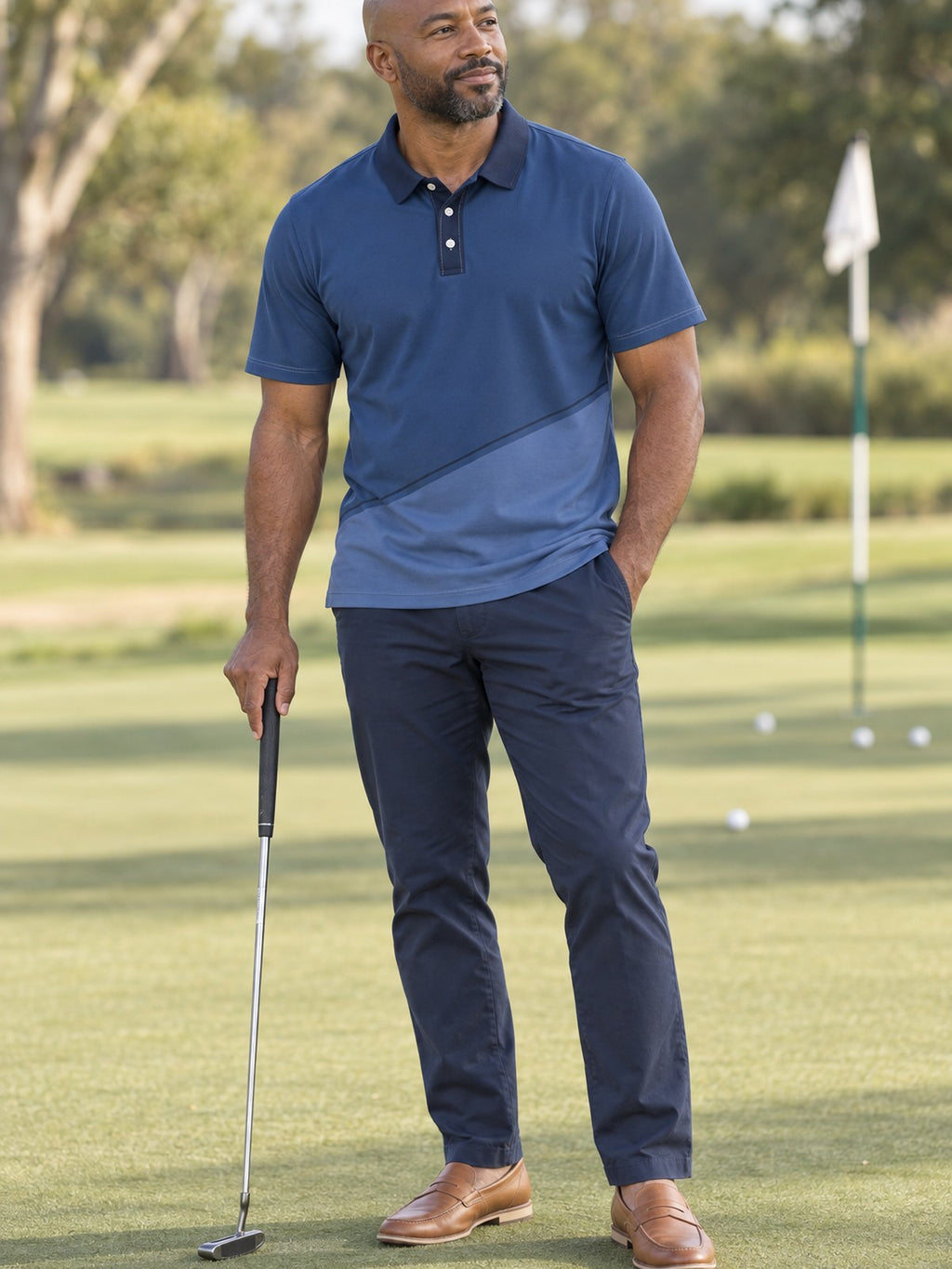 Navy Diagonal Sport Polo Shirt – lifestyle, front view