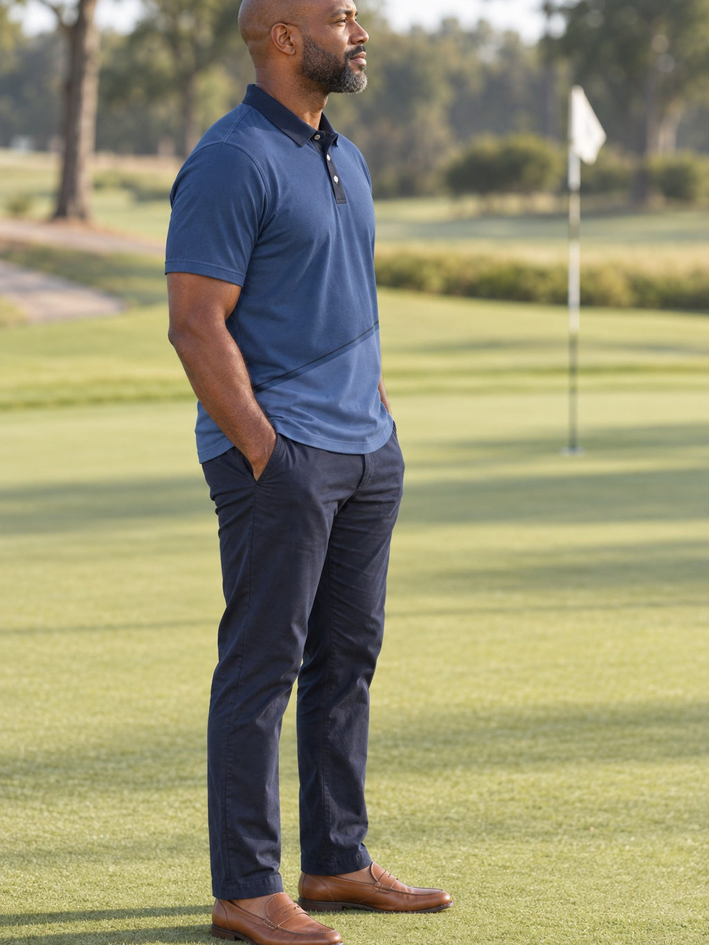 Navy Diagonal Sport Polo Shirt – lifestyle, side view