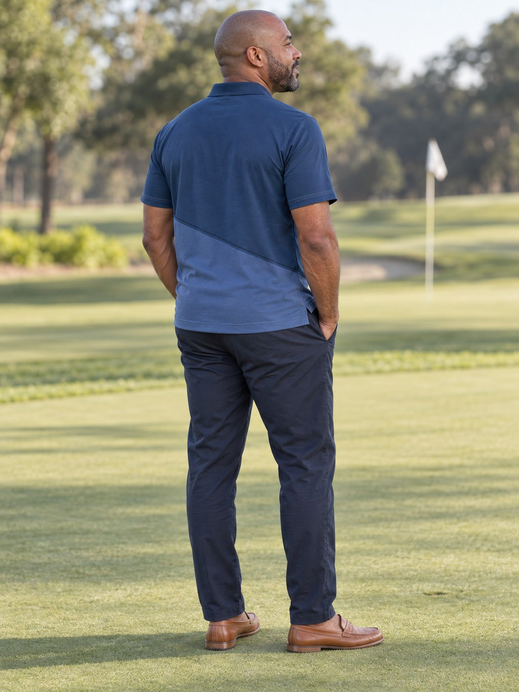 Navy Diagonal Sport Polo Shirt – lifestyle, rear view