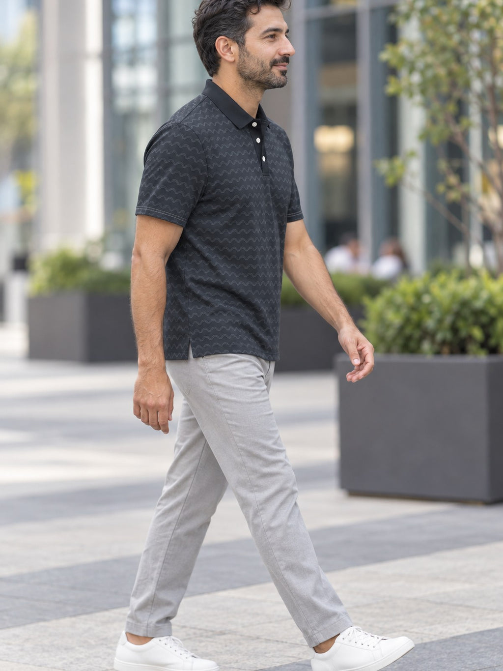 Charcoal Wave Polo Shirt — Subtle Nautical Pattern Men’s Polo – lifestyle, side view