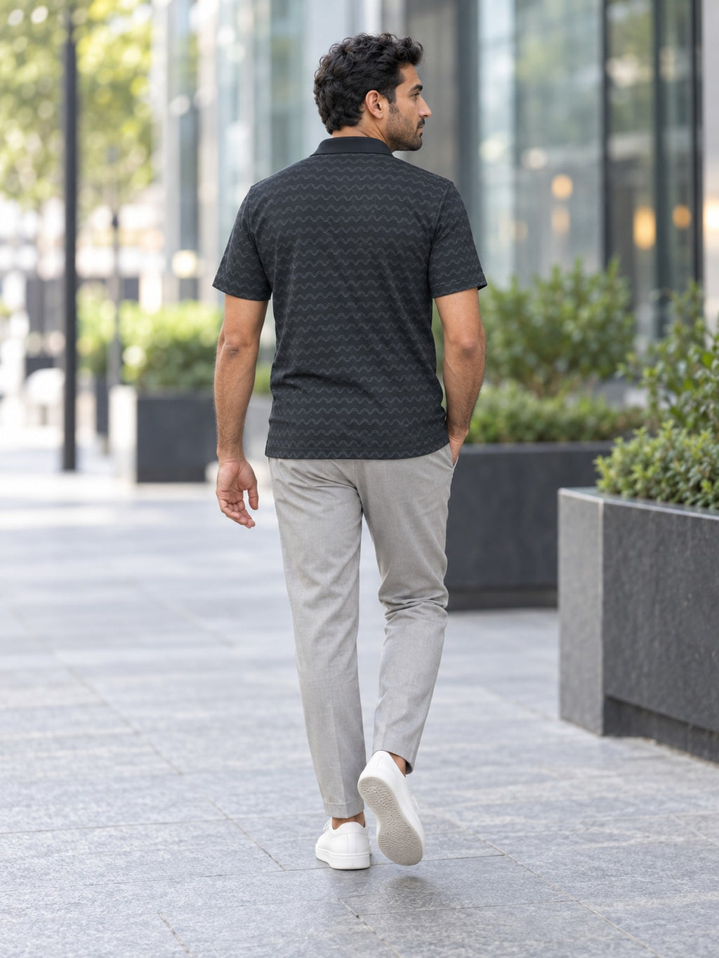 Charcoal Wave Polo Shirt — Subtle Nautical Pattern Men’s Polo – lifestyle, rear view
