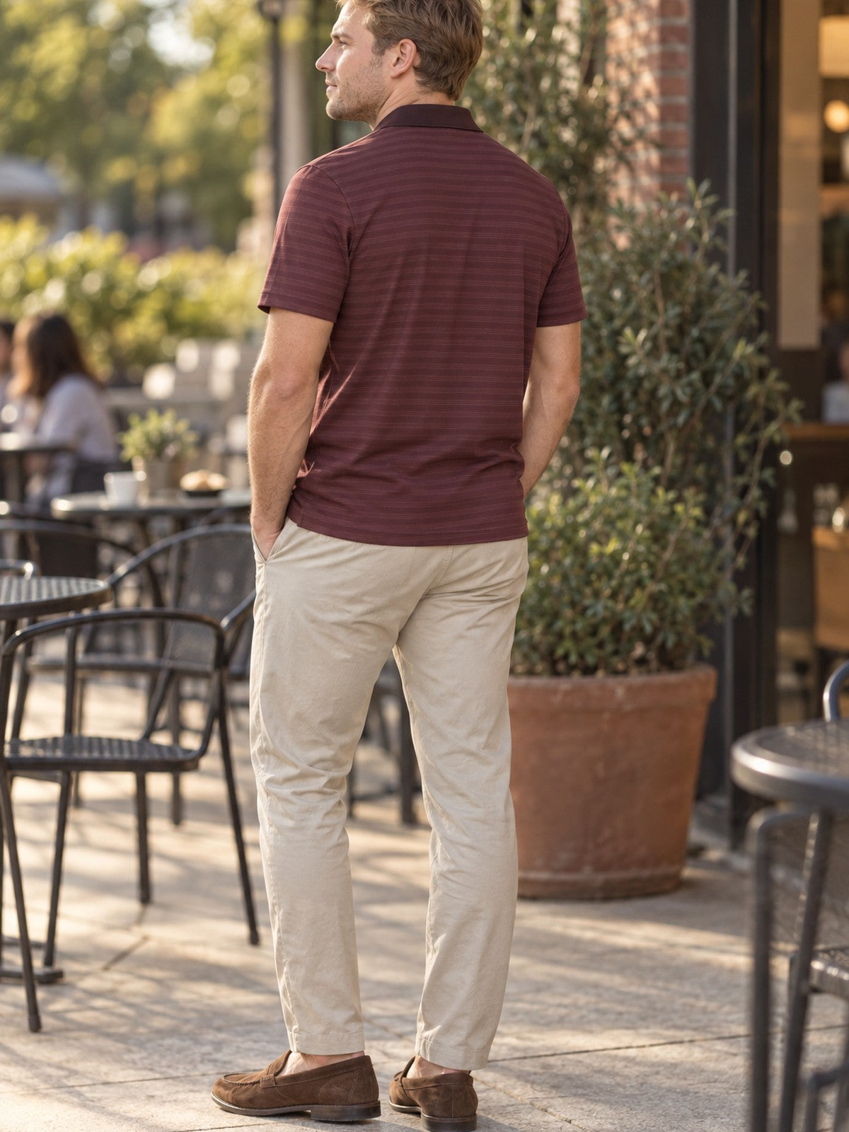 Classic Maroon Polo Shirt – Striped All-Over Print Casual Golf Tee – lifestyle, rear view