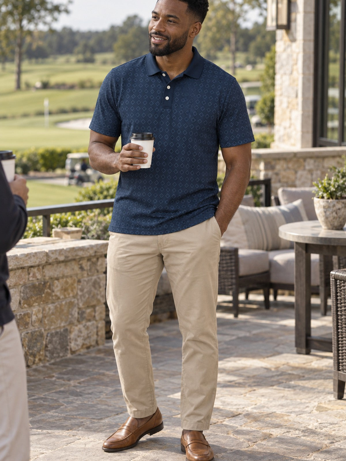 Navy Geo Pattern Polo Shirt – lifestyle, front view