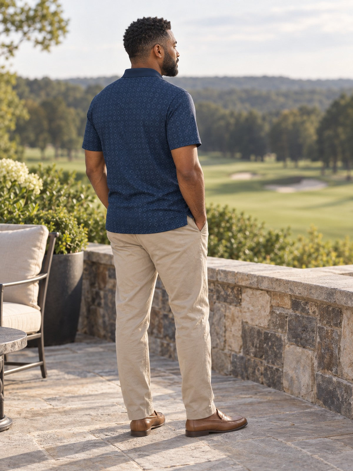 Navy Geo Pattern Polo Shirt – lifestyle, rear view