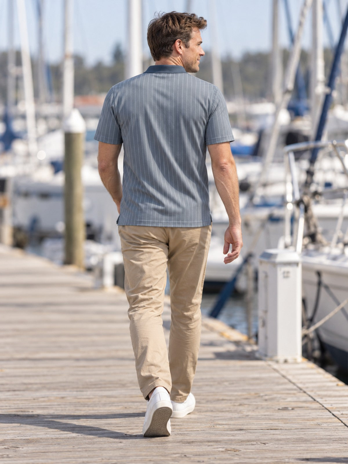 Classic Slate Pinstripe Polo Shirt – lifestyle, rear view