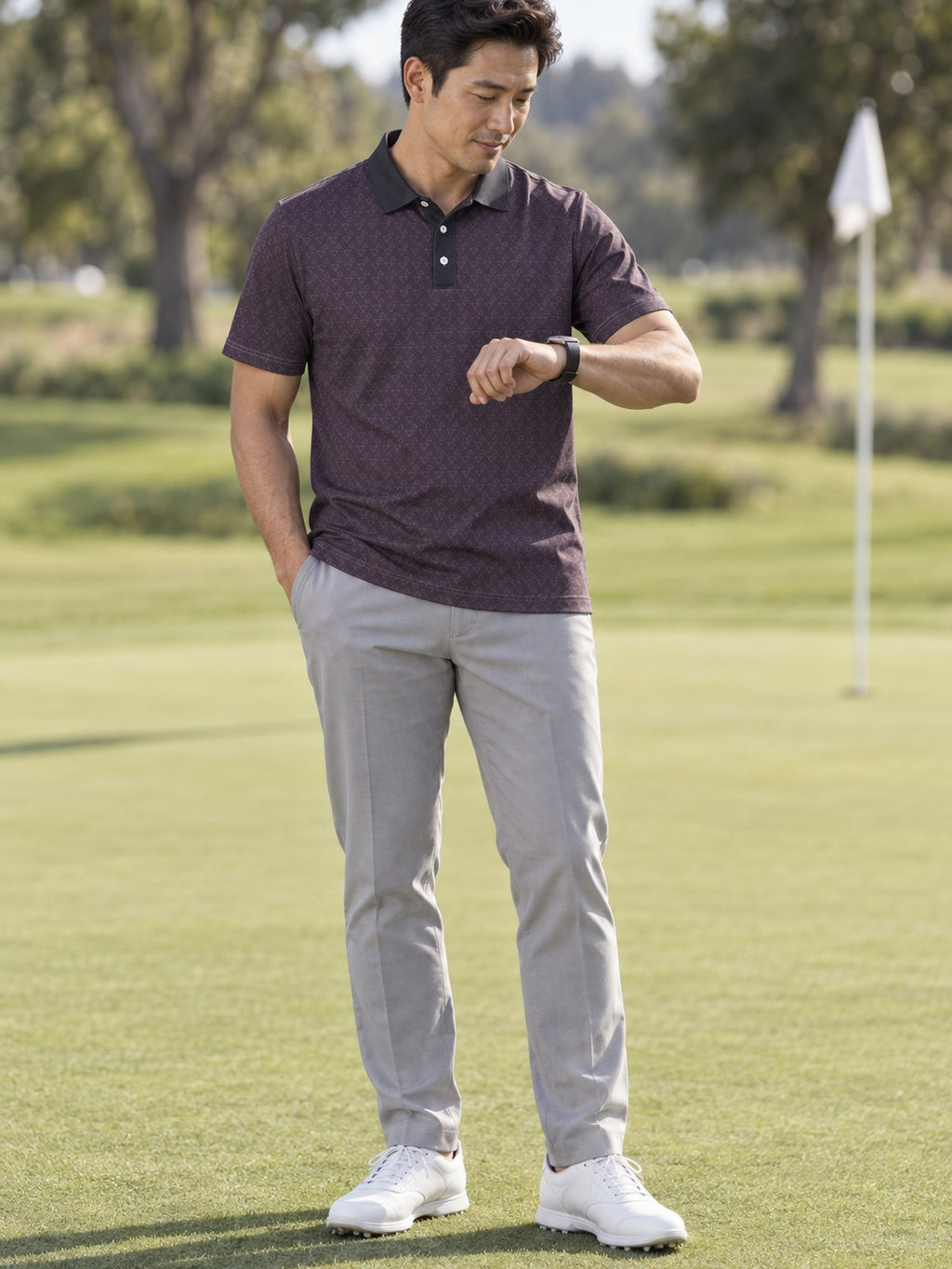 Men's Classic Polo Shirt — Subtle Geometric All-Over Print – lifestyle, front view