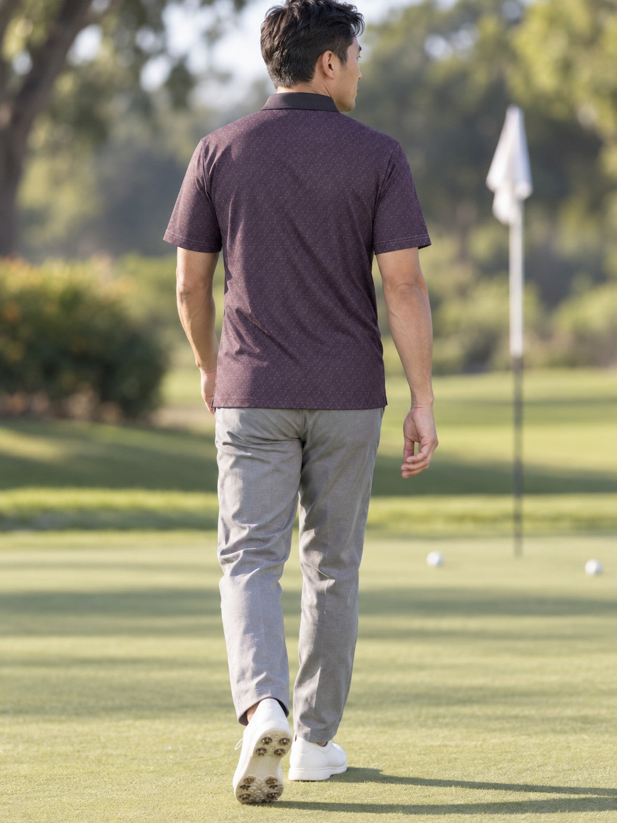Men's Classic Polo Shirt — Subtle Geometric All-Over Print – lifestyle, rear view