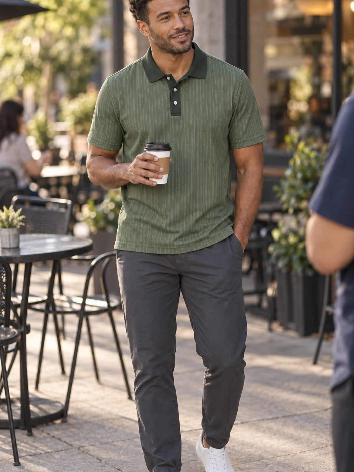 Olive Pinstripe Polo Shirt — Classic Casual Men’s Collared Tee – lifestyle, front view