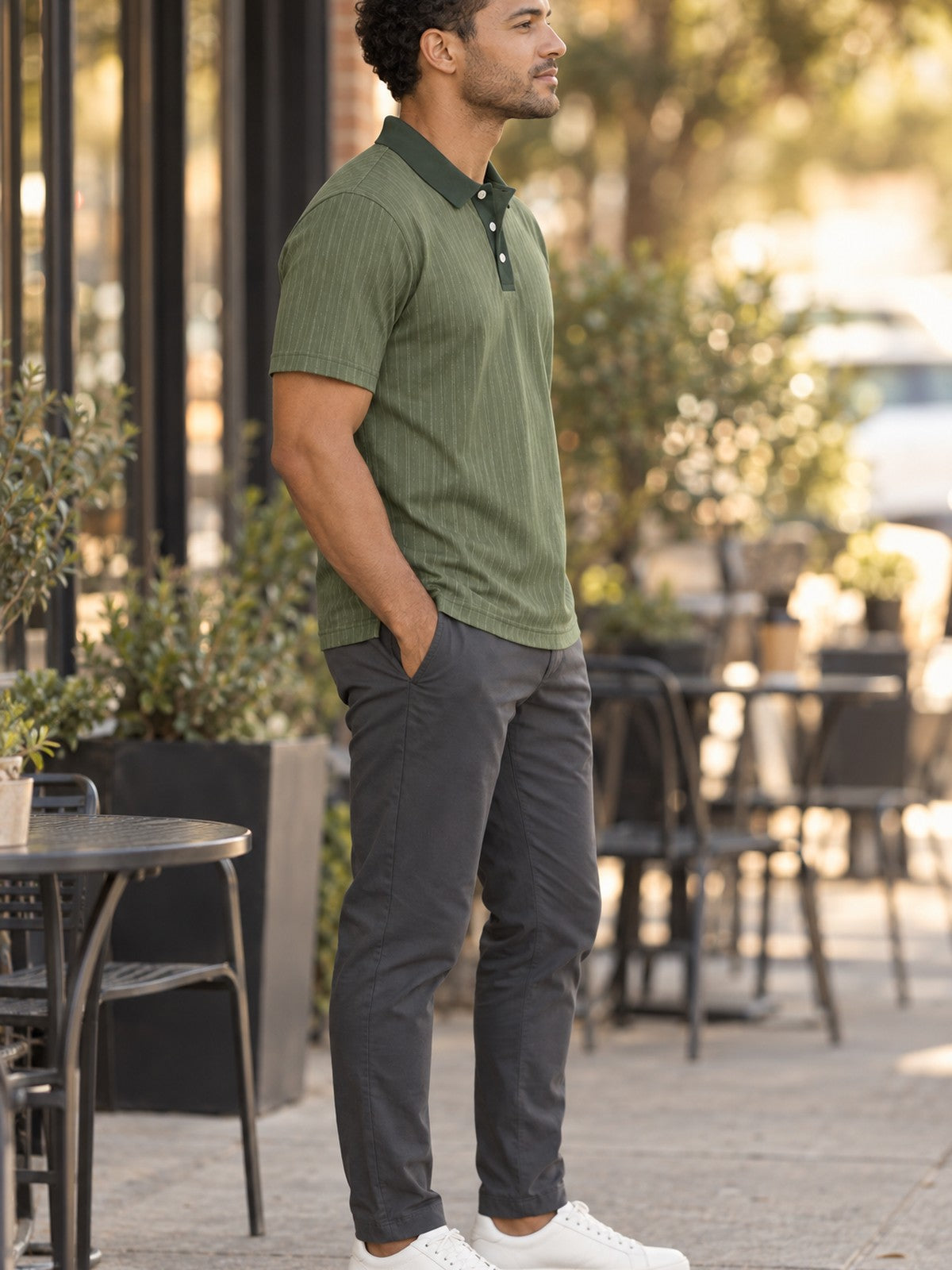 Olive Pinstripe Polo Shirt — Classic Casual Men’s Collared Tee – lifestyle, side view