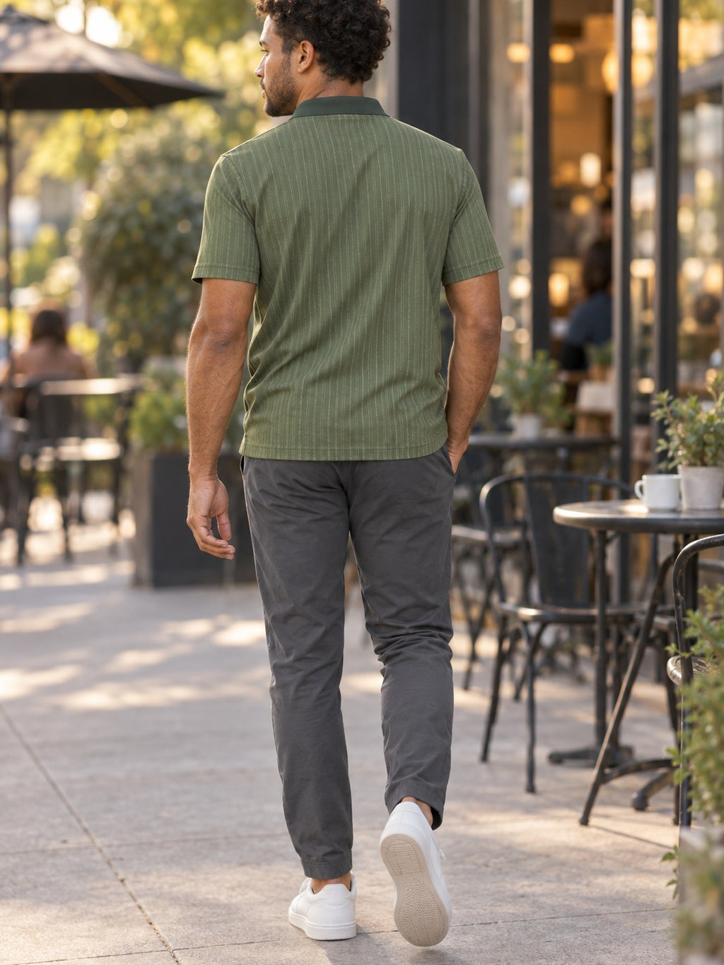 Olive Pinstripe Polo Shirt — Classic Casual Men’s Collared Tee – lifestyle, rear view