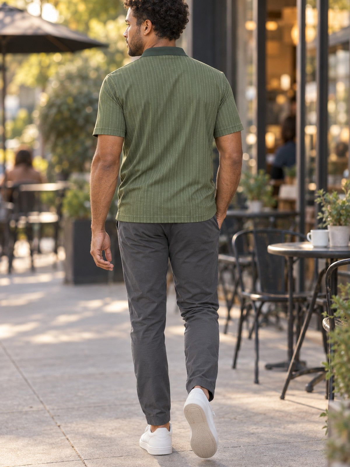 Olive Pinstripe Polo Shirt — Classic Casual Men’s Collared Tee – lifestyle, rear view