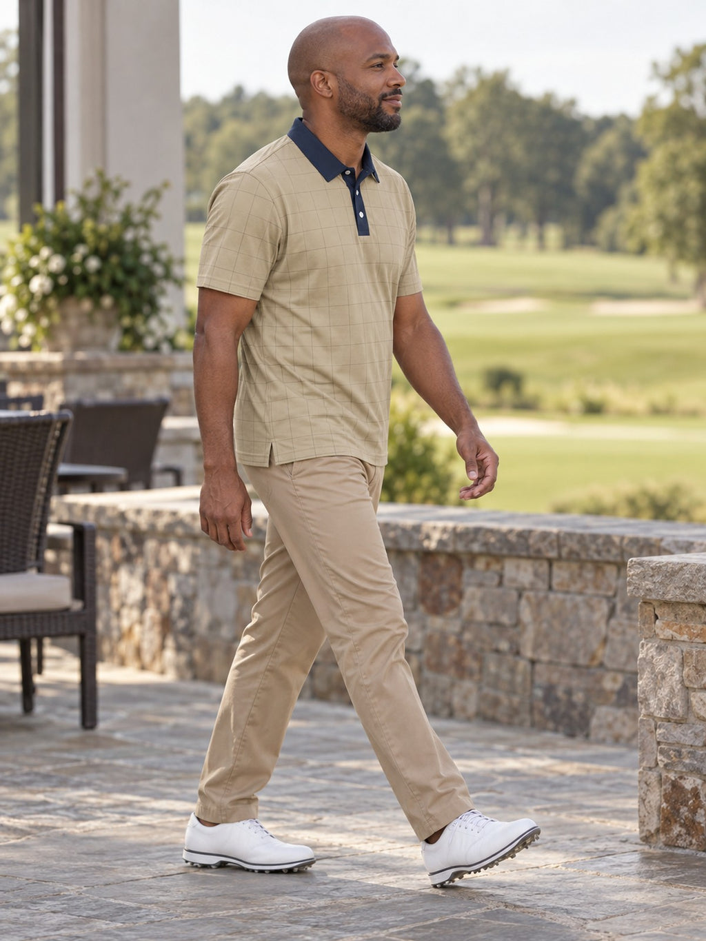 Beige Plaid Golf Polo Shirt – Classic Check Collared Tee – lifestyle, side view