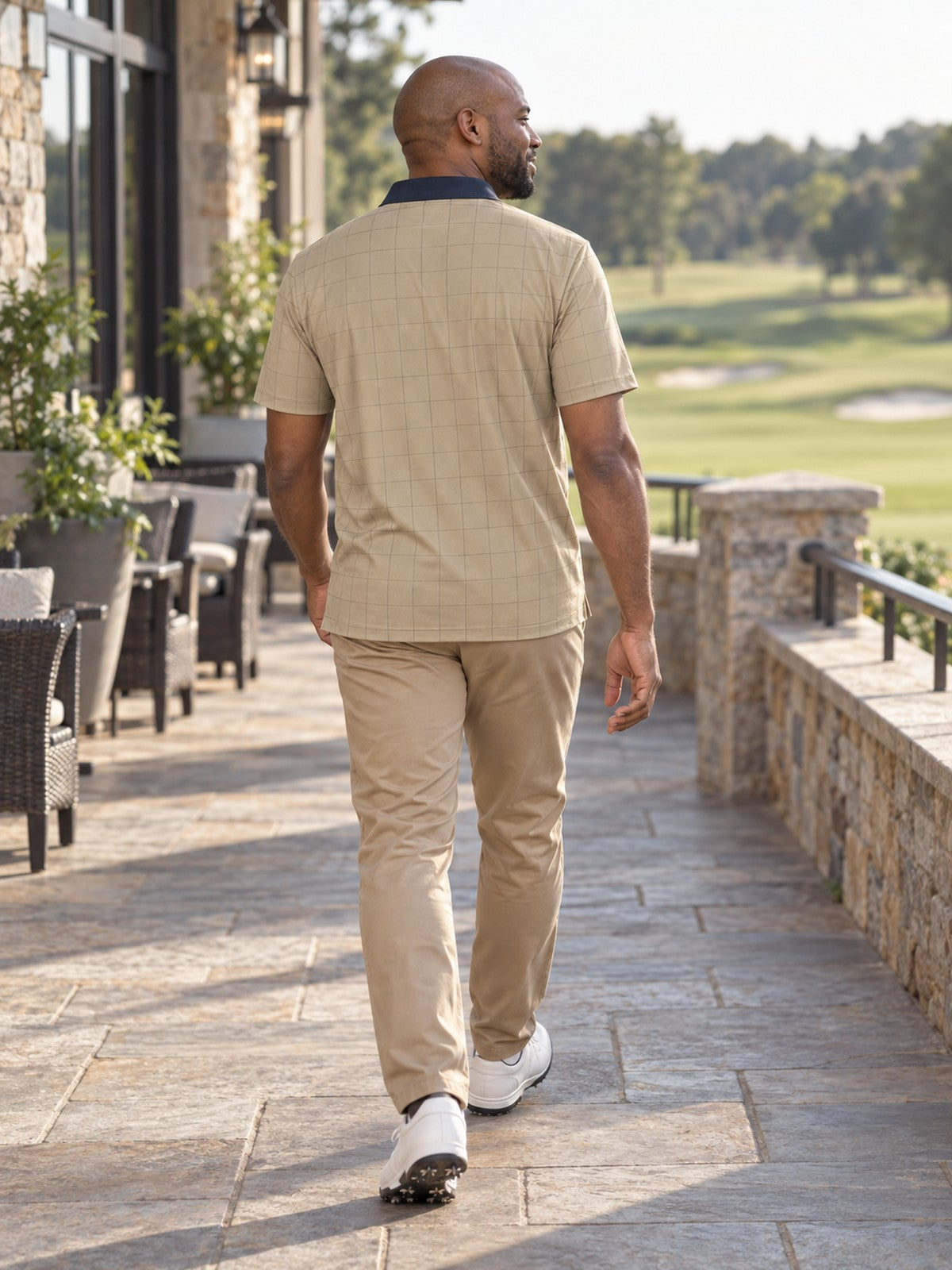 Beige Plaid Golf Polo Shirt – Classic Check Collared Tee – lifestyle, rear view