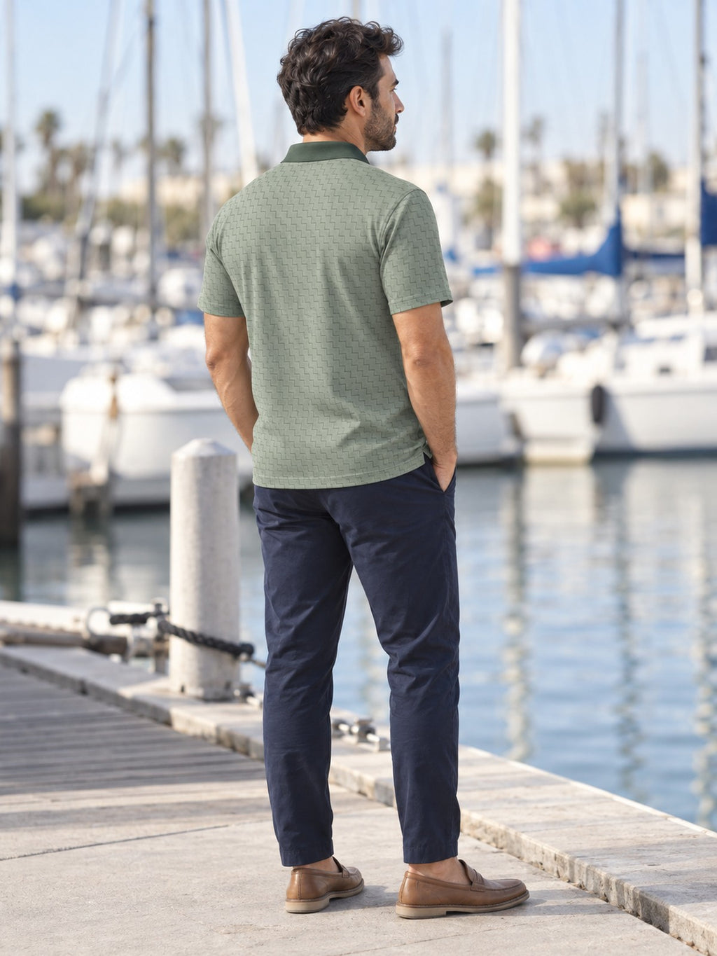 Green Geometric Polo Shirt — Men's Casual Golf & Business-Casual Top – lifestyle, rear view