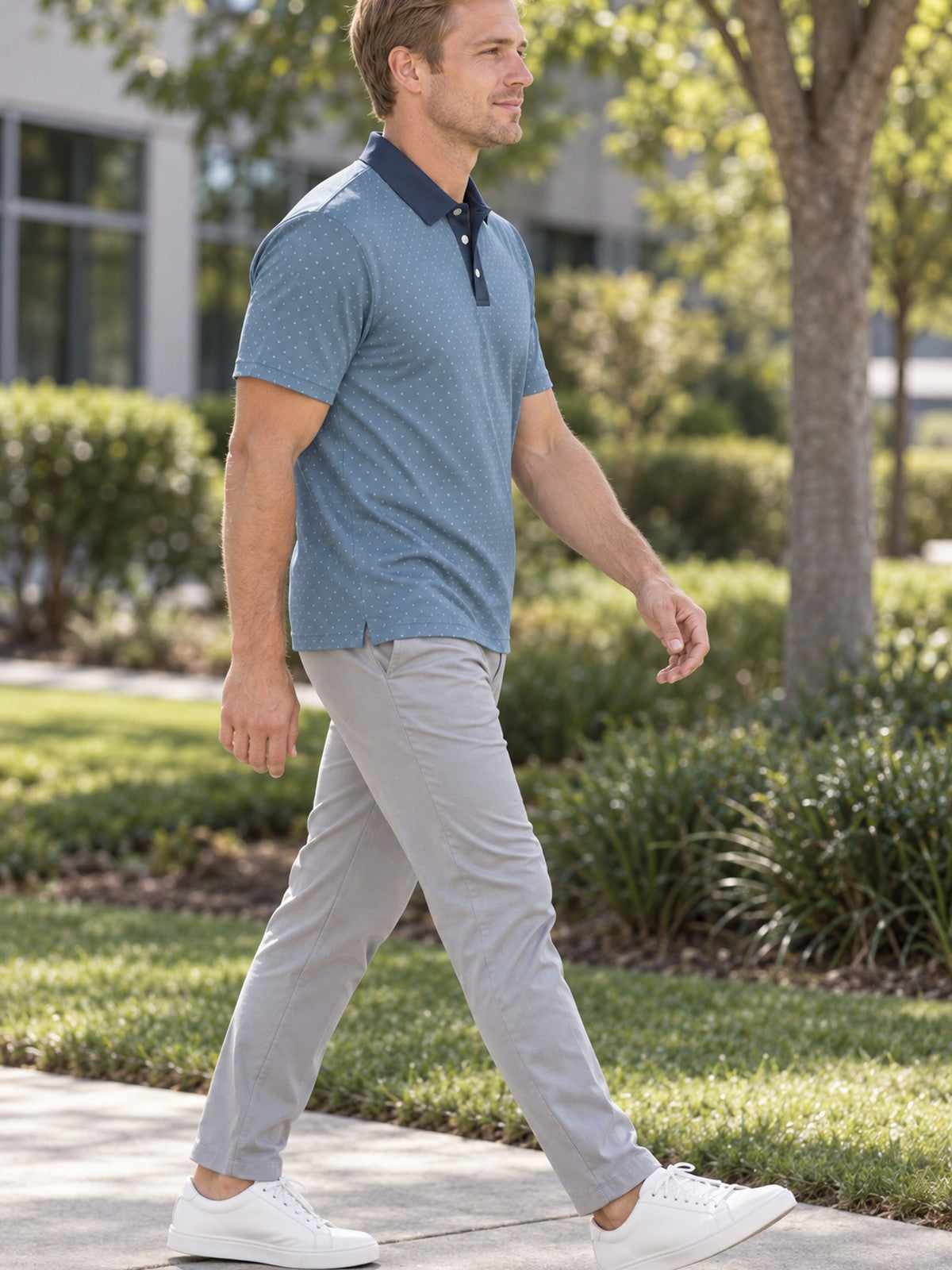 Blue Microdot Polo Shirt - Men's Casual Button-Up – lifestyle, side view