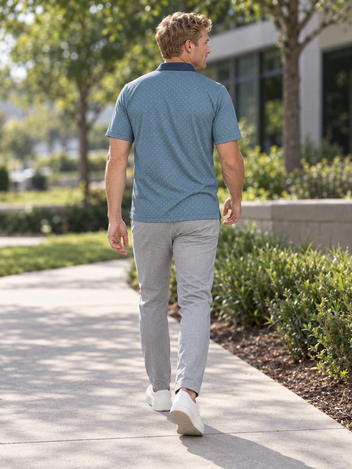 Blue Microdot Polo Shirt - Men's Casual Button-Up – lifestyle, rear view