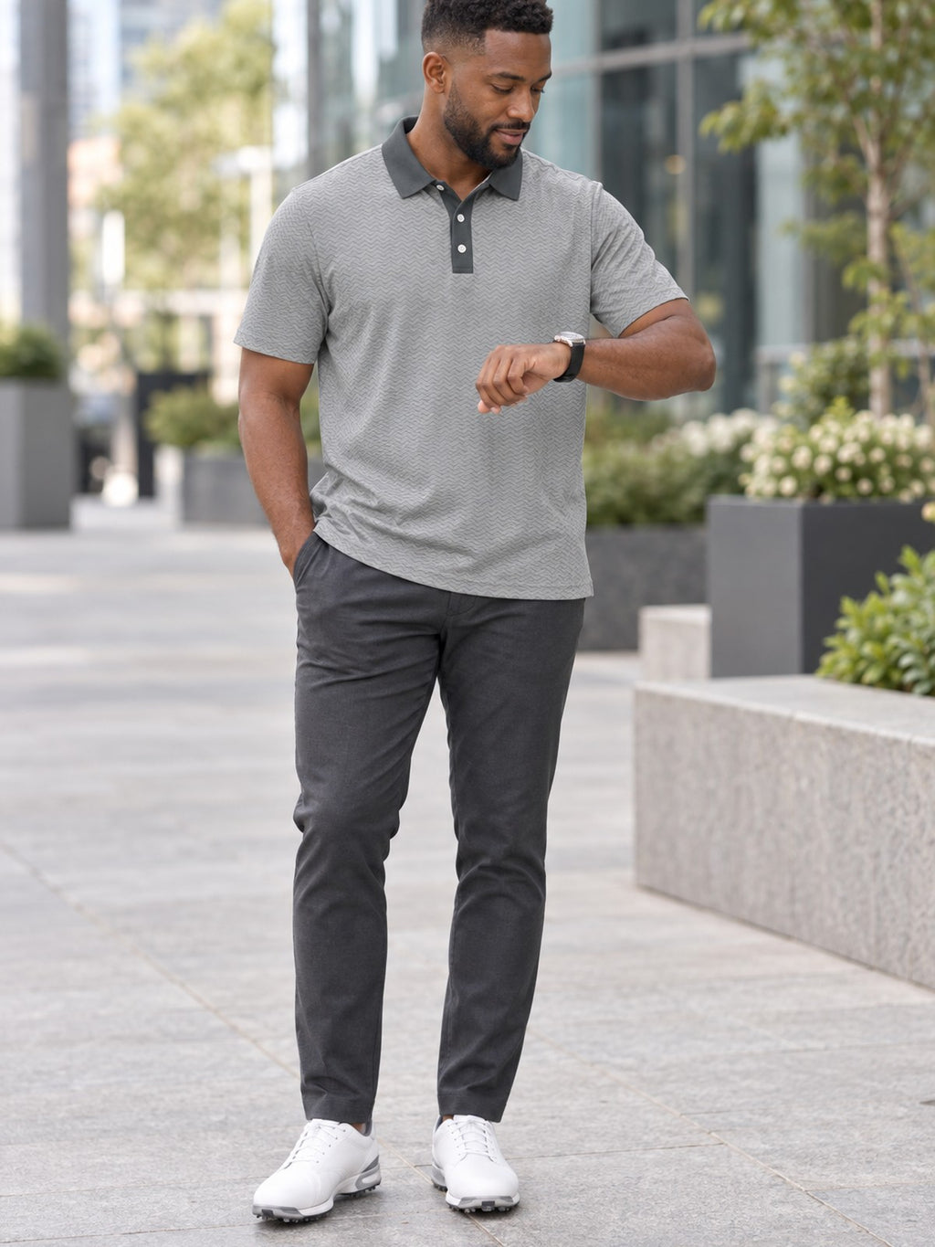 Classic Grey Polo Shirt — Men's Casual Collared Tee – lifestyle, front view